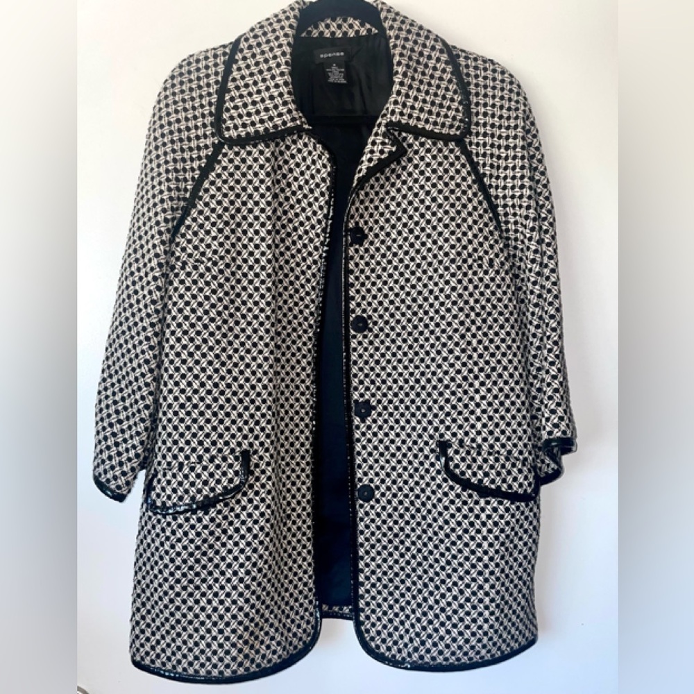 SPENSE VINTAGE WOMENS TWEET COAT/JACKET IVORY & BLACK PIPED TRIM POCKETS LINED